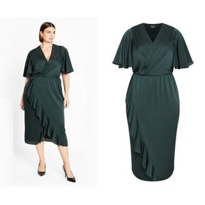 City Chic Soft Ruffle Midi Dress Plus Size 18 Emerald Faux‎ Wrap Flutter Sleeve